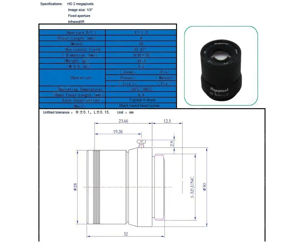 Мегапиксельная 1/" F1.0 CCTV фиксированная диафрагма, инфракрасная съемка инфракрасный мм 8 мм CS крепление линзы для IP камера