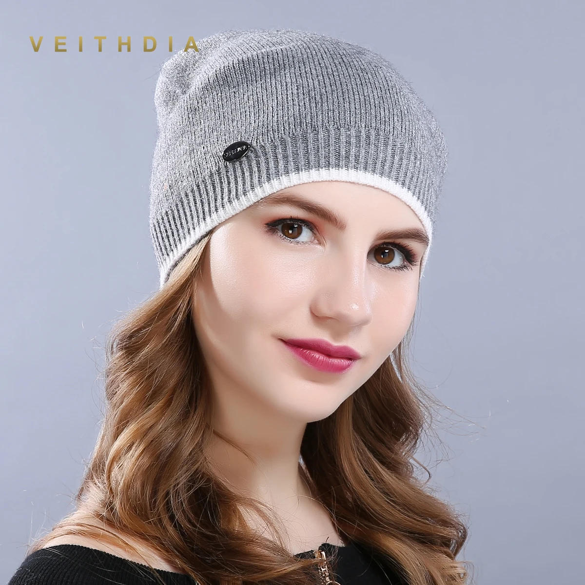 Женская Вязаная Шерстяная Шапка VEITHDIA Повседневная брендовая шапка с фланцем