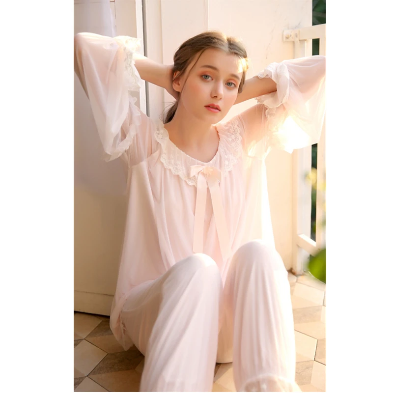 2019 Spring Pajama Set Vintage Sleepwear Women Lace Ruffled Long Sleeve Pyjama Femme Night Sleep Wear Home Suit Lounge T420 | Женская