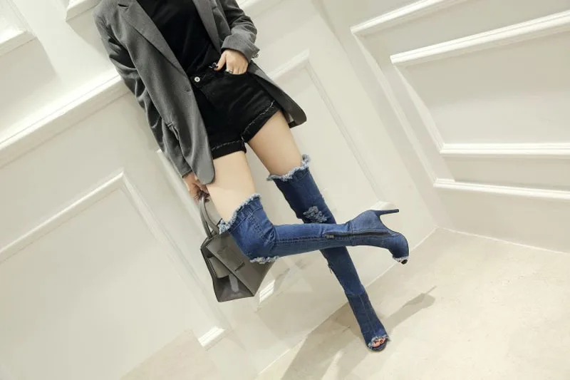 

Spring/Autumn Women Short Ankle Boots Long Over-the-Knee Boots Plus Size Shoes Denim Peep Toe Zip Zipper Solid High Heel Fashion
