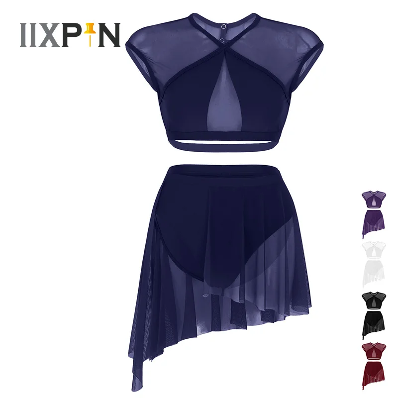 IIXPIN Women ballet Dress leotard Asymmetric Contemporary Lyrical Dance Dress Sleeveless Criss Cross Crop Tops + Short Skirt