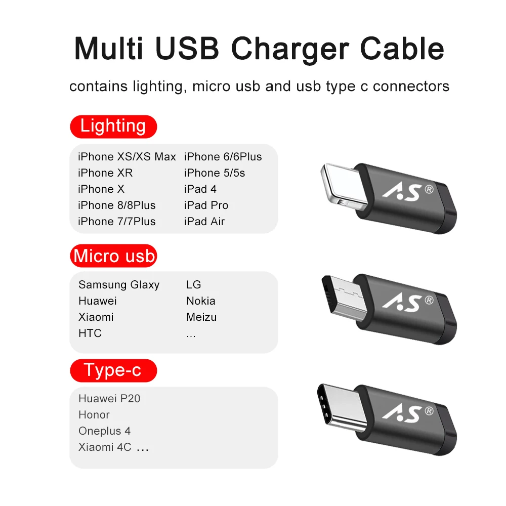 A.S оригинальный 3 в 1 USB кабель для iPhone 8X7 6 6S Plus 5 5S Samsung Xiaomi OnePlus Huawei Micro Type C кабели