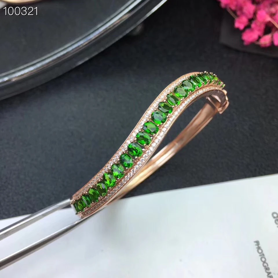 Natural green diopside gem bangle S925 silver natural gemstone Fashion elegance surround Row wave woman birthday gift | Украшения и