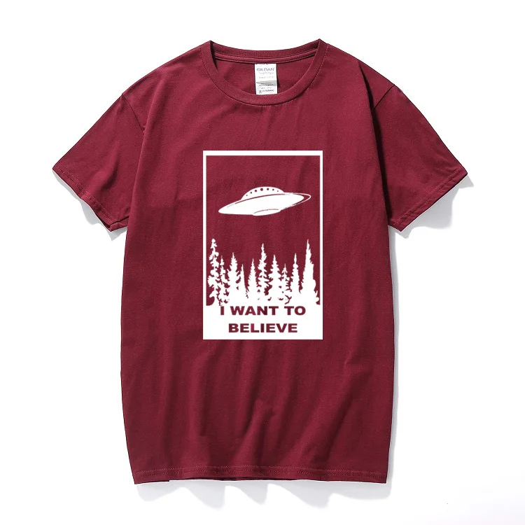 Бургундия Футболка с надписью «I Want to Believe», забавная футболка, sci fi, ufo, space x fiction, файлы с инопланетянами, хлопковая футболка с короткими рукавами, camisetas hombre - Цвет: Бургундия