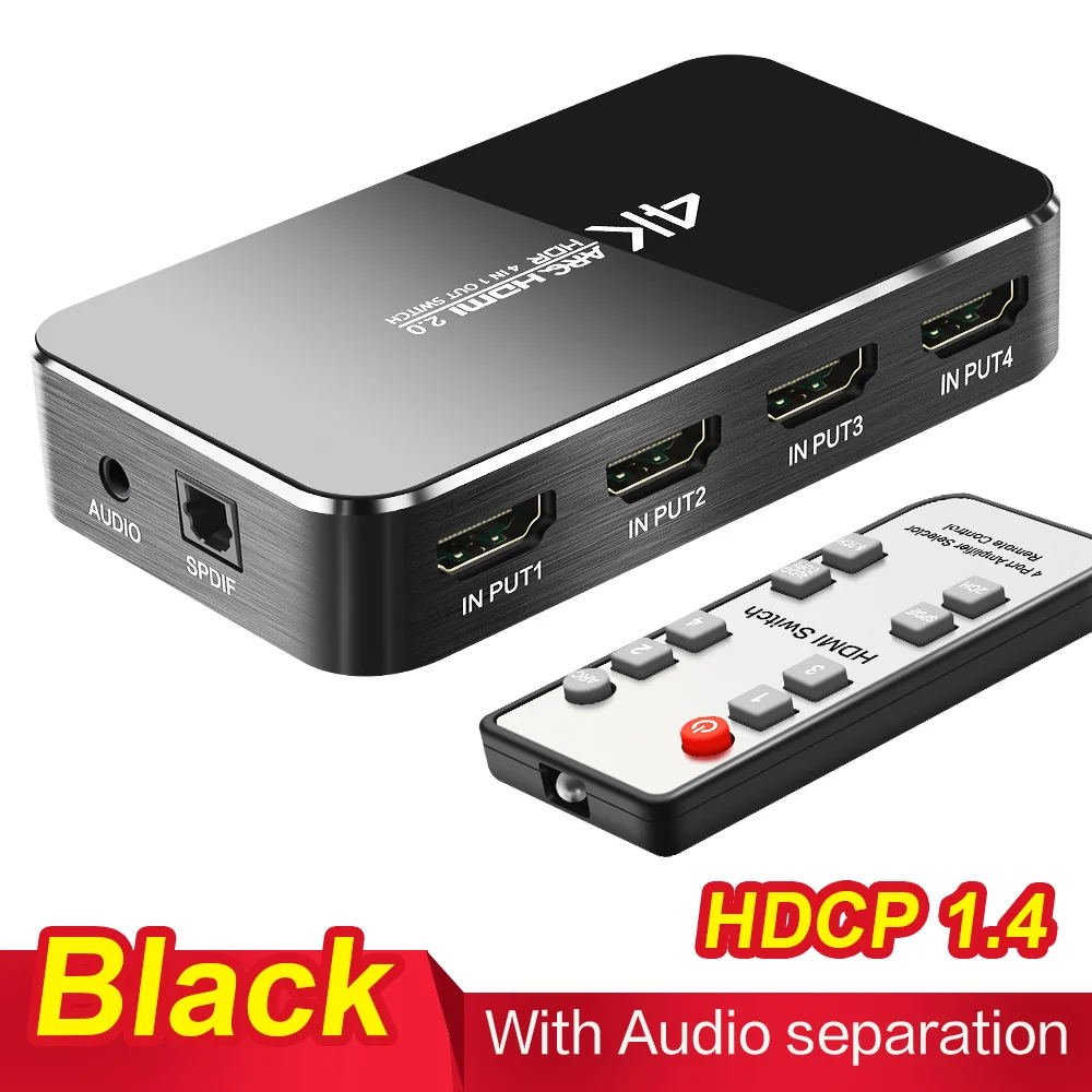 HDMI переключатель 2,0 4K 60HZ HDR HDMI Разветвитель переключатель 4 в 1 выход HDMI коммутатор Аудио экстрактор ARC& IR управление для PS3 PS4 HDTV - Цвет: With audio-Black