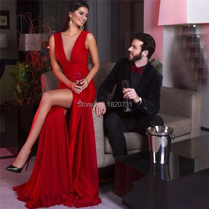 

Sexy Long Evening Dress Red Chiffon High Slit Prom Dresses Cheap 2020 Robe De Soiree Grande Taille