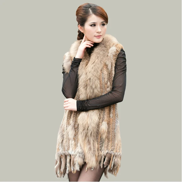 WOMENS AUTUMN &amp WINTER WARM FASHION RACCOON FUR COLLAR LONG GENUINE/REAL RABBIT VEST TRIM GILETS WAISTCOST SLEEVELESS VESTS | Женская