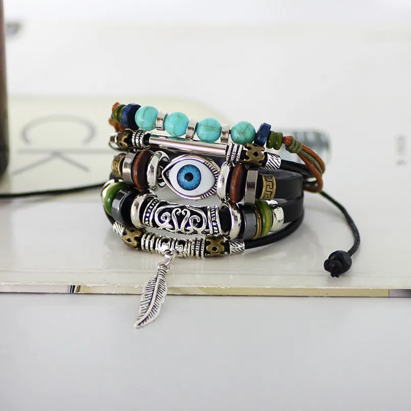 Многослойный кожаный браслет с бусинами и перьями для мужчин женщин|bracelet