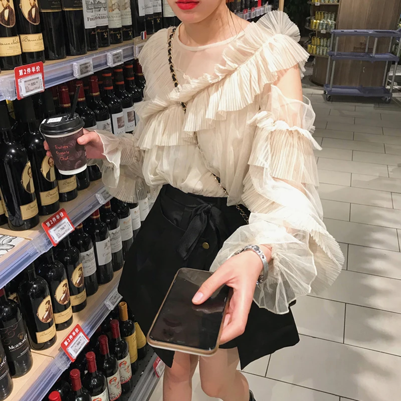 Корейские шикарные женские шифоновые рубашки летние каскадные оборки милые топы