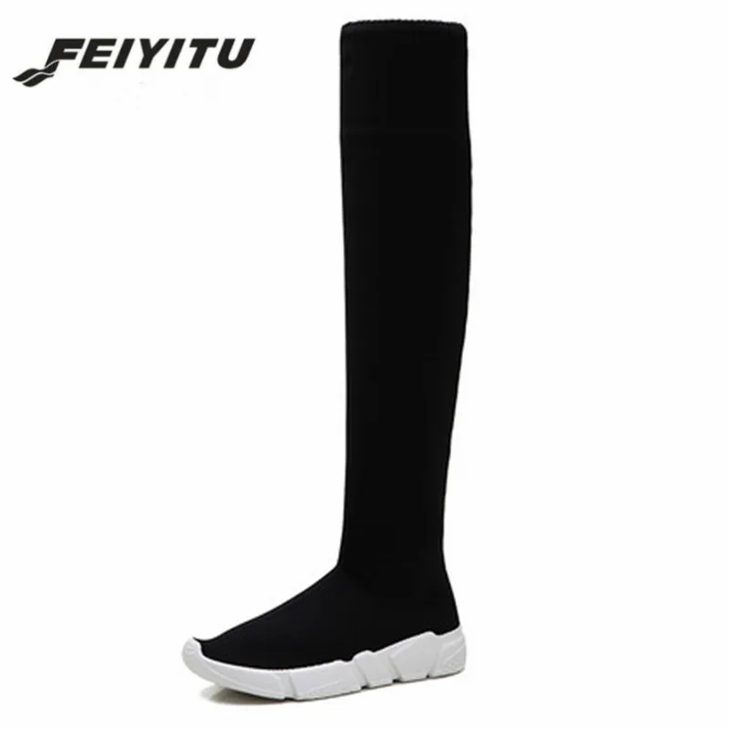 Feiyitu/женские зимние теплые сапоги-носки; Сапоги выше колена из эластичной ткани; женские пикантные высокие сапоги на низком каблуке; женские тонкие сапоги с двумя способами