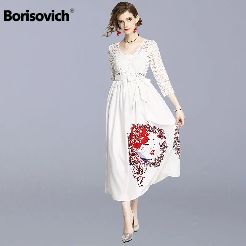 Женское кружевное платье Borisovich белое длинное с винтажным принтом в стиле пэчворк