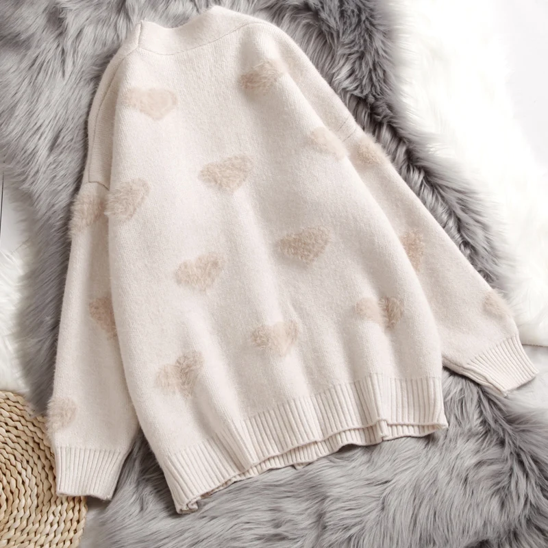 Hirsionsan Cashmere Sweater Women Autumn Winter Knitted Cardigans Kawaii Heart Loose Clothes Oversized Soft Warm Pull Femme