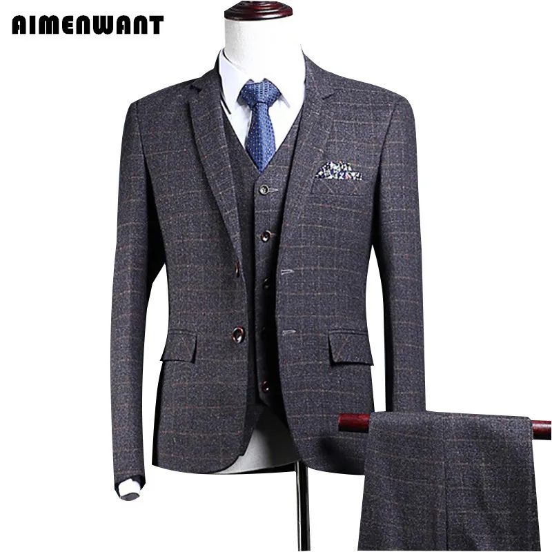 

AIMENWANT Plaid Grey Suit Vintage Fitted Tailored Blazer For Men Single Breasted Blazer Suits Free Shipping Formal clothing