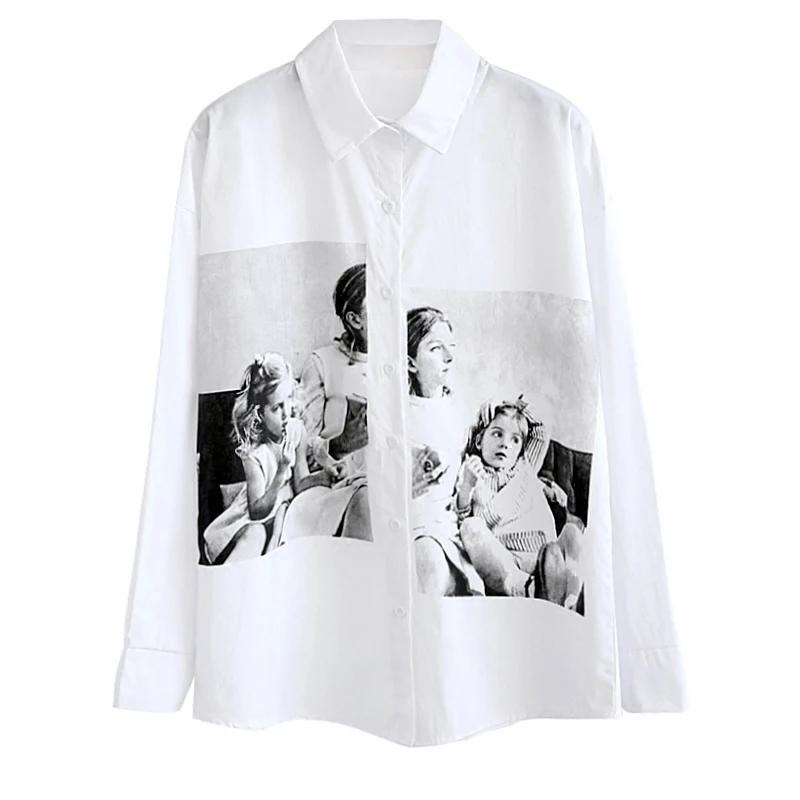

Characters Print Casual Loose Shirt 2020 Spring Summer Solid Turn Down Collar White Blouse Harajuku Korean Blusa J349