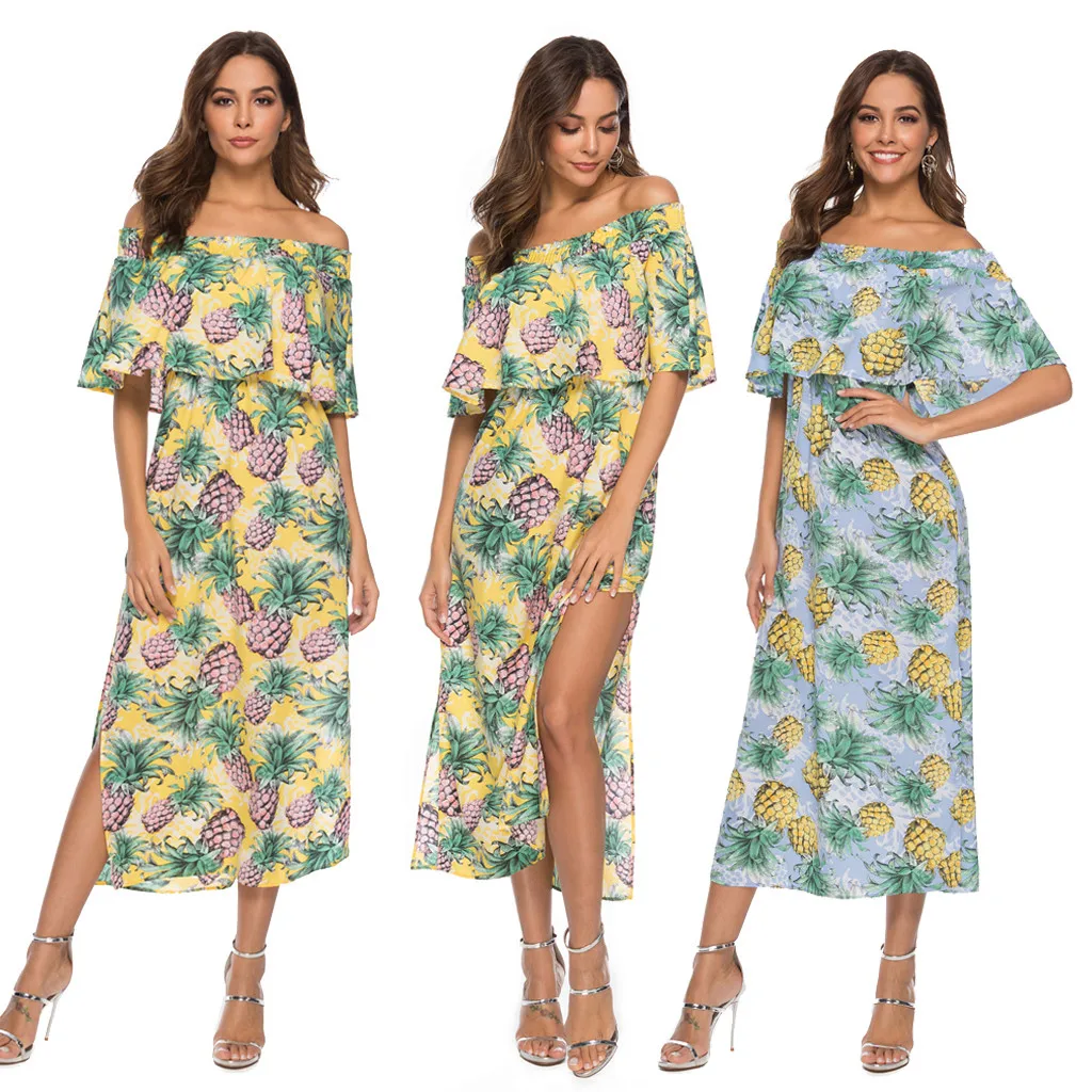 Dress sexy elegant Womens Off The Shoulder Beach Holiday Pineapple Print Party summer 2019 new arrival slim soft dress | Женская одежда