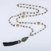 handmade labradorite bead chain necklace golden lava pearl natural stone necklaces black crystal tassel long necklaces for women
