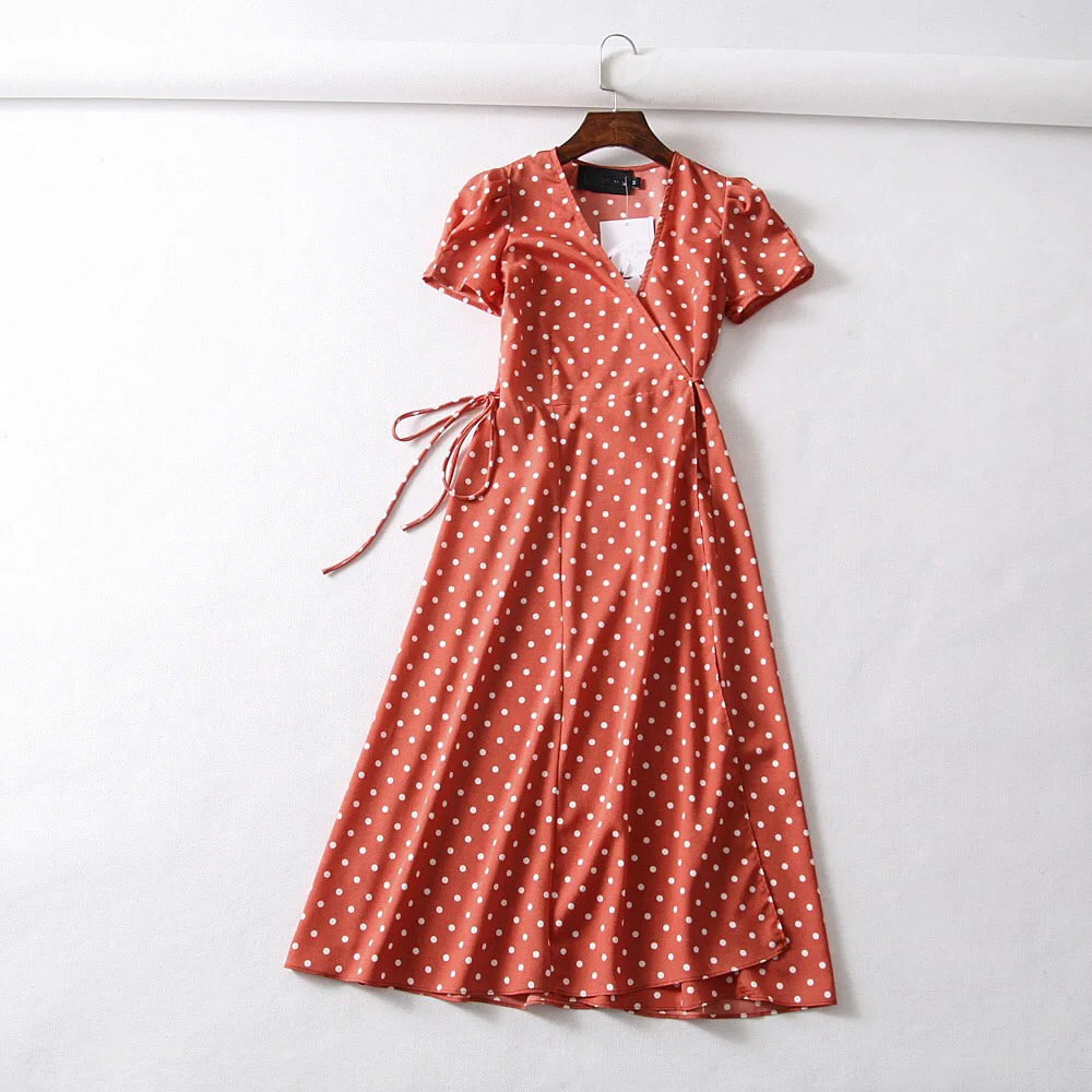 Лето boho Винтаж цветок dot print wrap dress Женщины с коротким рукавом шифоновое пляжное
