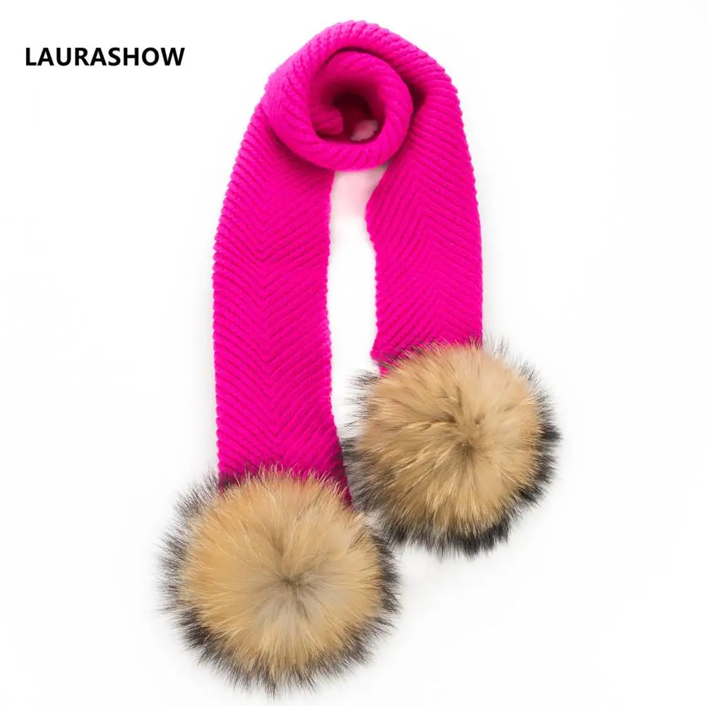 Розово-красный Laurashow Дети Зимний трикотажный шарф Настоящее 14 см енота норки Мех животных мяч помпонами для маленьких девочек мальчиков теплые шарфы - Цвет: Розово-красный