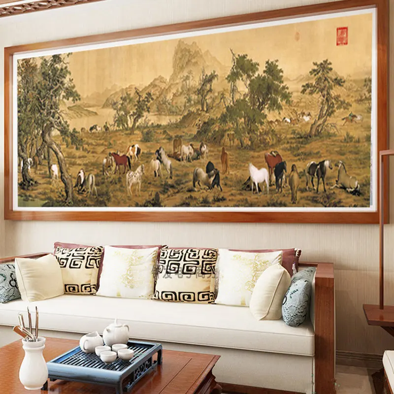 QIANZEHUI Рукоделие сделай сам печать сотни лошадей панорамный пейзаж для вышивки