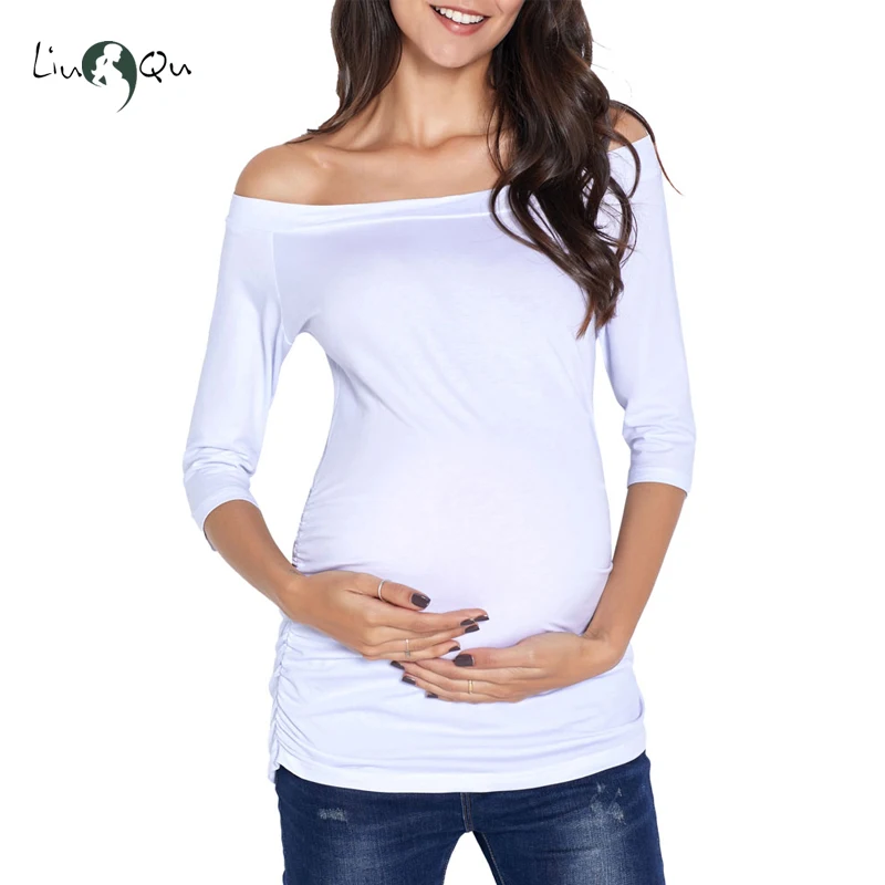 Womens Pregnancy Off Shoulder 3 Quarter Blouse Striped Top Maternity Clothes Slash Neck Pregnancy Womens Clothing ropa mujer