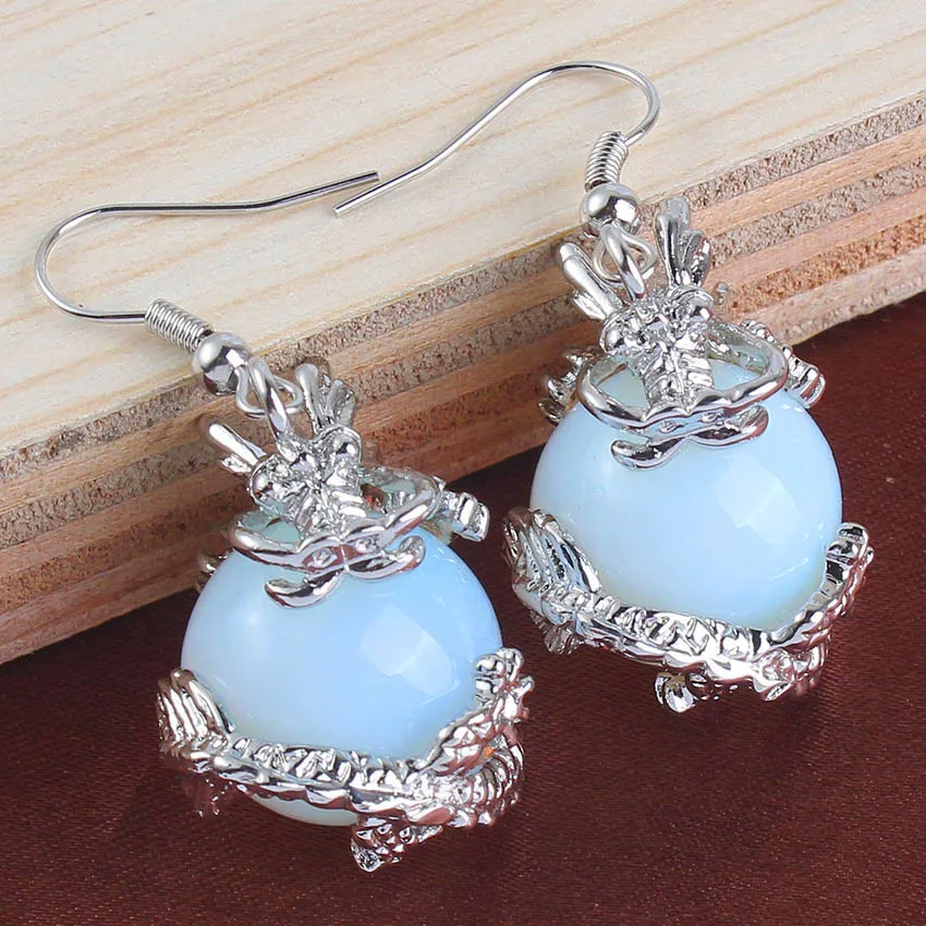 

Trendy-beads Silver Plated Chinese Style Dragon Vintage Drop Earrings Opalite Opal Round Beads Jewelry