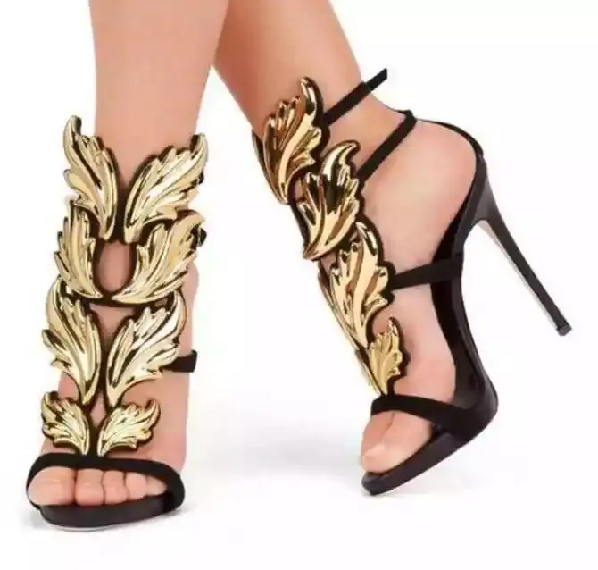 

Hot selling gold wings high heel sandal for woman 2019 Summe sexy open toe buckle strap thin heels shoe Cutouts sandal