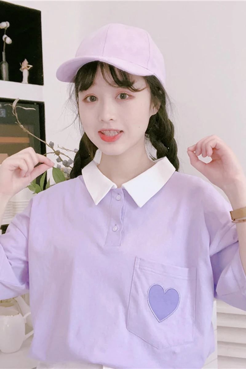 Pockets Women T-shirts Summer Preppy Style All- Match Candy Color Femela Tees Heart Embroidery | Женская одежда