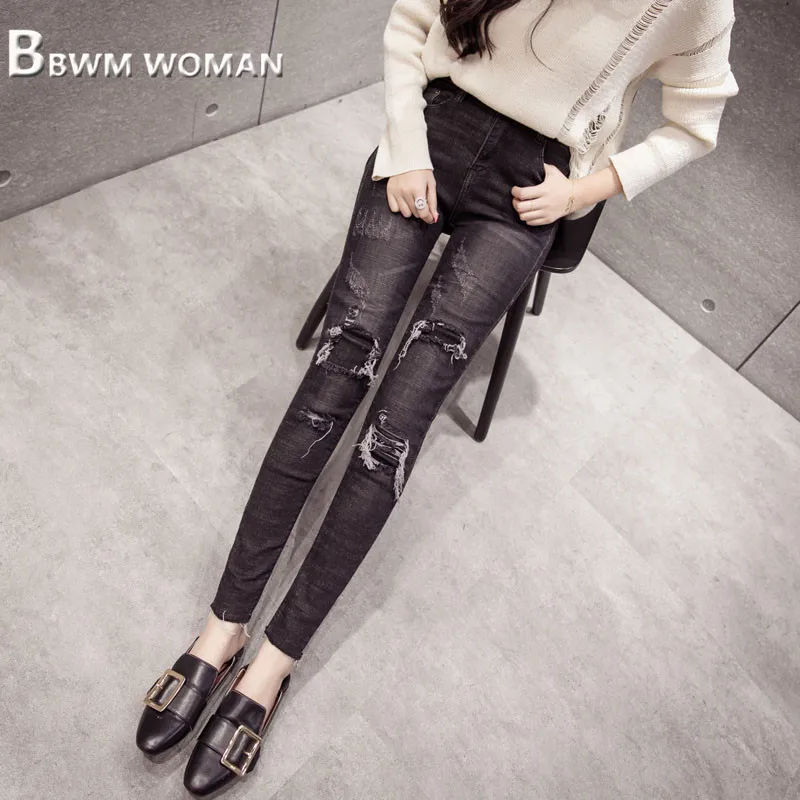 

2019 Spring Summer Korean Women Jeans Hole Slim Female Pants Trousers