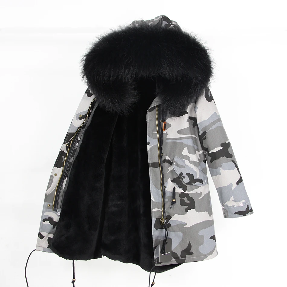 OFTBUY,, парка, длинная, серая, зимняя, куртка, пальто для женщин, натуральный мех, парка, натуральный мех енота, воротник, теплый, мягкий, искусственный мех, подкладка - Цвет: camo black