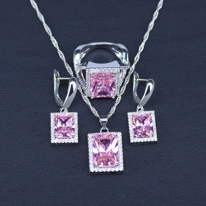 Pink Дубай Стиль 925 пробы серебряные Ювелирные наборы квадратные Розовые/радужные синие/радужные кубические циркония Подвески/Висячие серьги/кольца наборы - Окраска металла: Pink