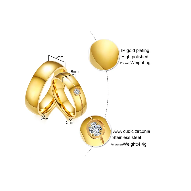 Обручальное кольцо Vnox золотого цвета 6 мм из нержавеющей стали обручальное для