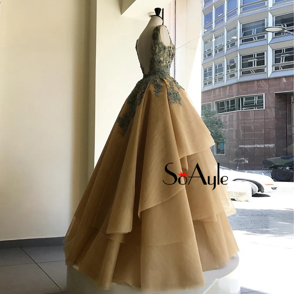 SoAyle Ball Gown Vestidos de festa Plus Size Prom Dresses Ball Gown Tulle Ruffles Beading Long Evening Dresses 2018 Arabia Style