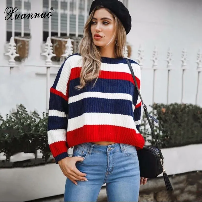 XuanNuo Women Sweater Autumn Winter Casual O-Neck Female Striped Long Sleeve Slim Knitted Pullover 2018 Fashion | Женская одежда