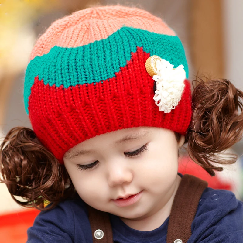 Winter Children Headwear Baby autumn winter hat boys girls child knitted kids cute wig bonnet children products | Детская одежда и
