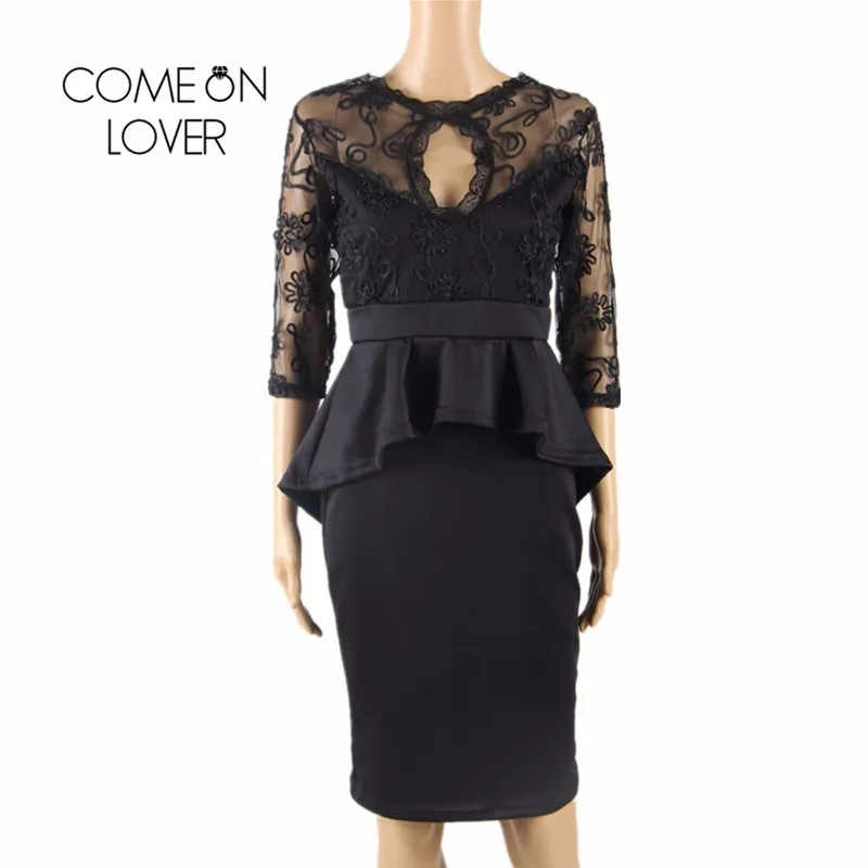 Ro80206 Comeonlover платье с коротким рукавом и вышивкой черное баской цветочное
