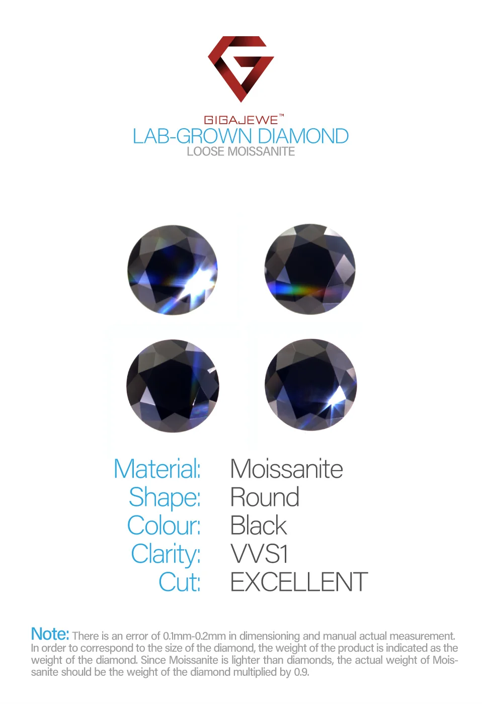 GIGAJEWE Муассанит круглой огранки черный 3,5 мм-6,0 мм 0.8ct россыпью камень лаборатория Алмаз Сделай Сам драгоценный камень изготовление ювелирных изделий Мода женщина девушка подарок