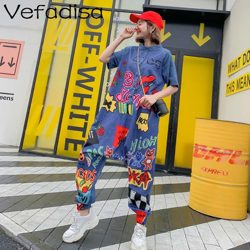 Vefadisa Women Personality Print Denim Jumpsuits Summer Short Sleeve Full Length Casual ZQY191A | Женская одежда