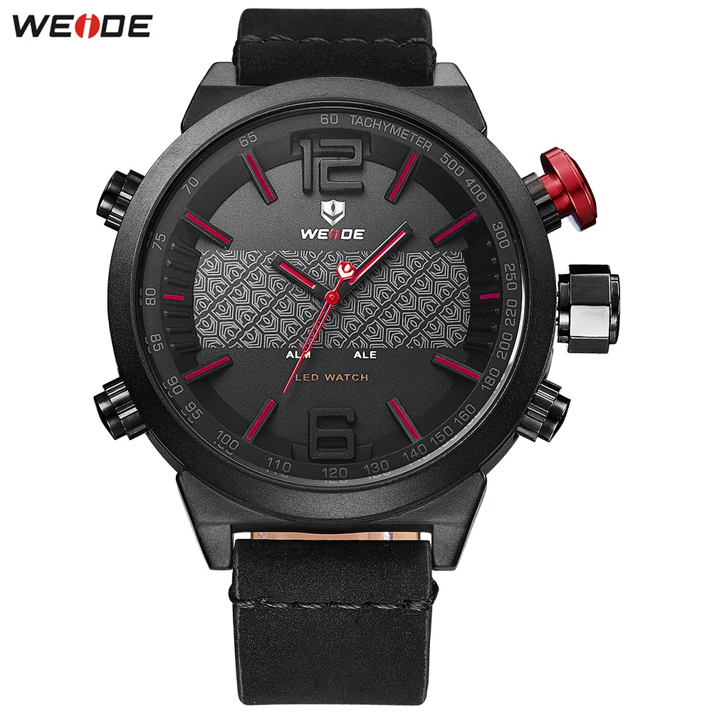 

Hot Sale WEIDE Fashion Red Dial Watch Men LED Digital Quartz Watch Leather Band Mens Analog Dress Wristwatch Orologio Uomo Gifts