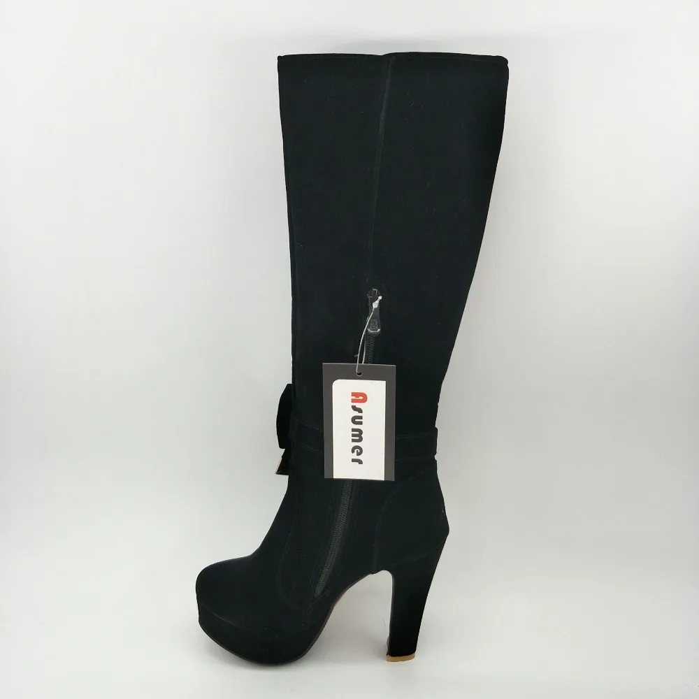

ASUMER 2020 hot sale new arrive women boots fashion zipper bowknot flock solid color autumn winter knee high boots