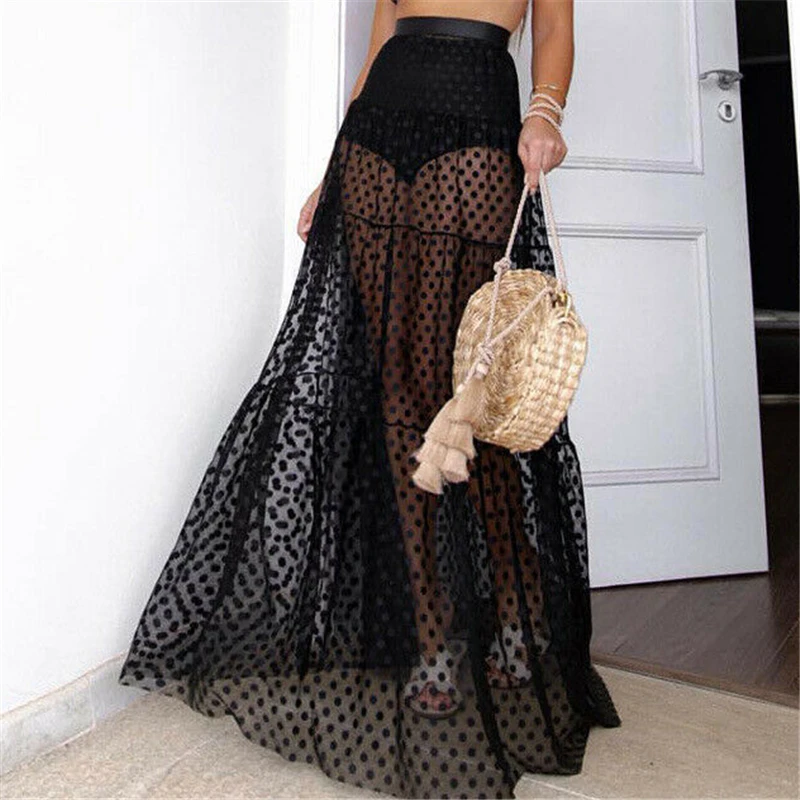 Новинка 2019 женские сексуальные макси юбки в горошек летние прозрачные сетчатые