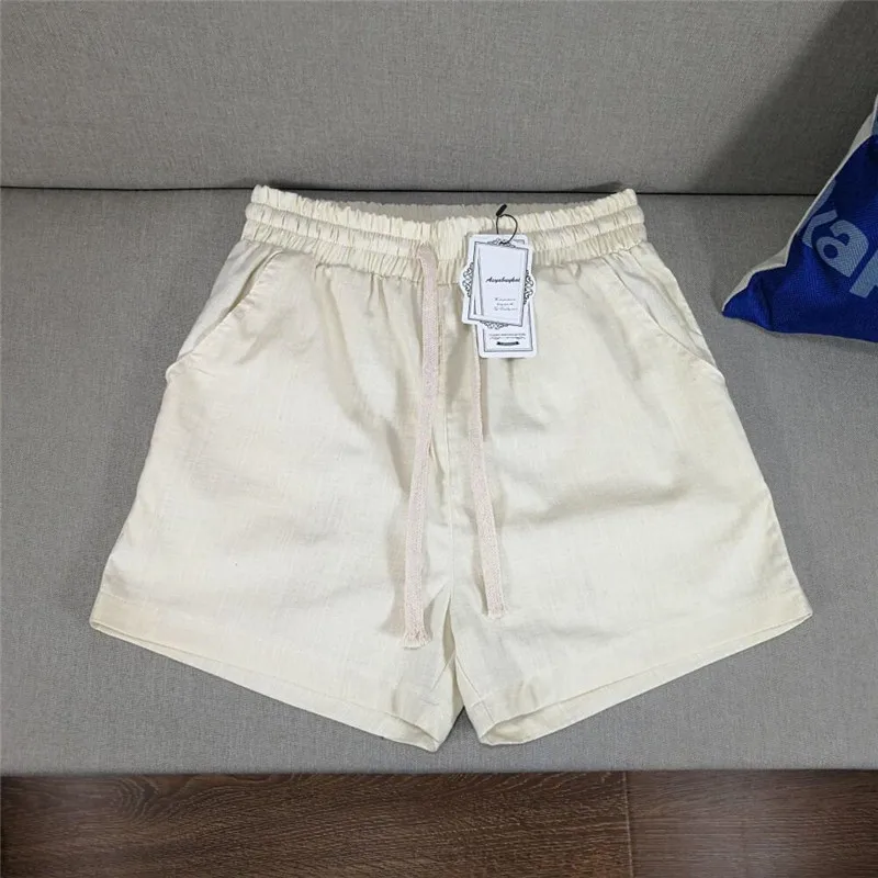 beige Женские хлопковые льняные белые шорты на шнуровке, штаны-шаровары, летние короткие штаны больших размеров, женские повседневные штаны M-5XL 6XL 7XL - Цвет: beige