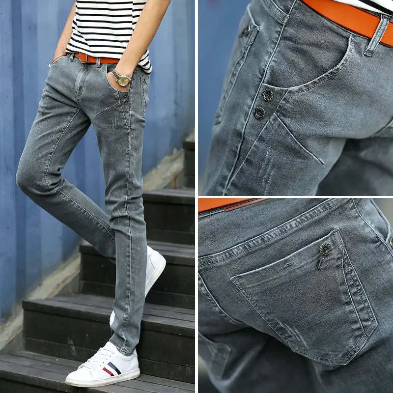 Streetwear Vintage Gray Jeans Bike Men Stretch Denim Pencil Pants Slim fit Ripped Hip hop Skinny Trousers | Мужская одежда