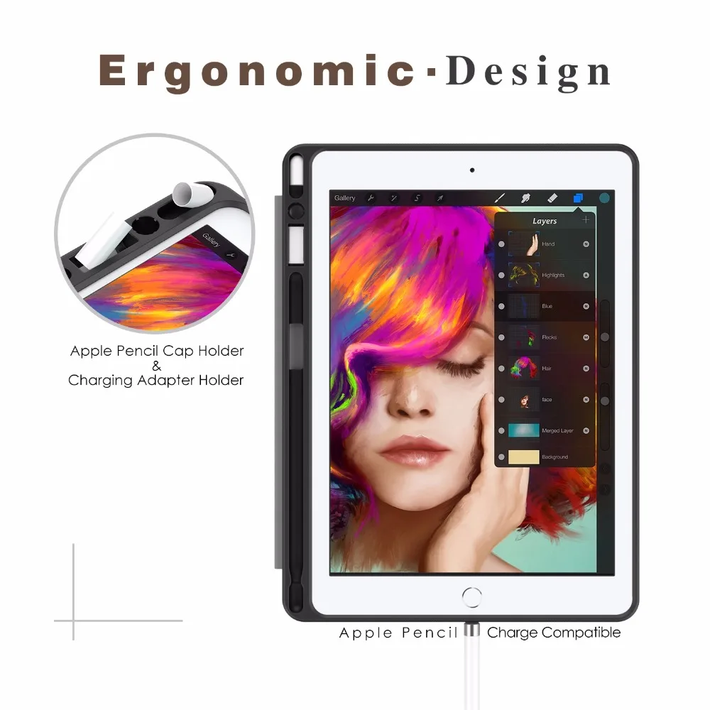 Чехол для iPad 9.7 2018 с держателем для Apple Pencil - тонкий легкий умный защитный чехол со стендом и функцией автоматического включения/выключения.