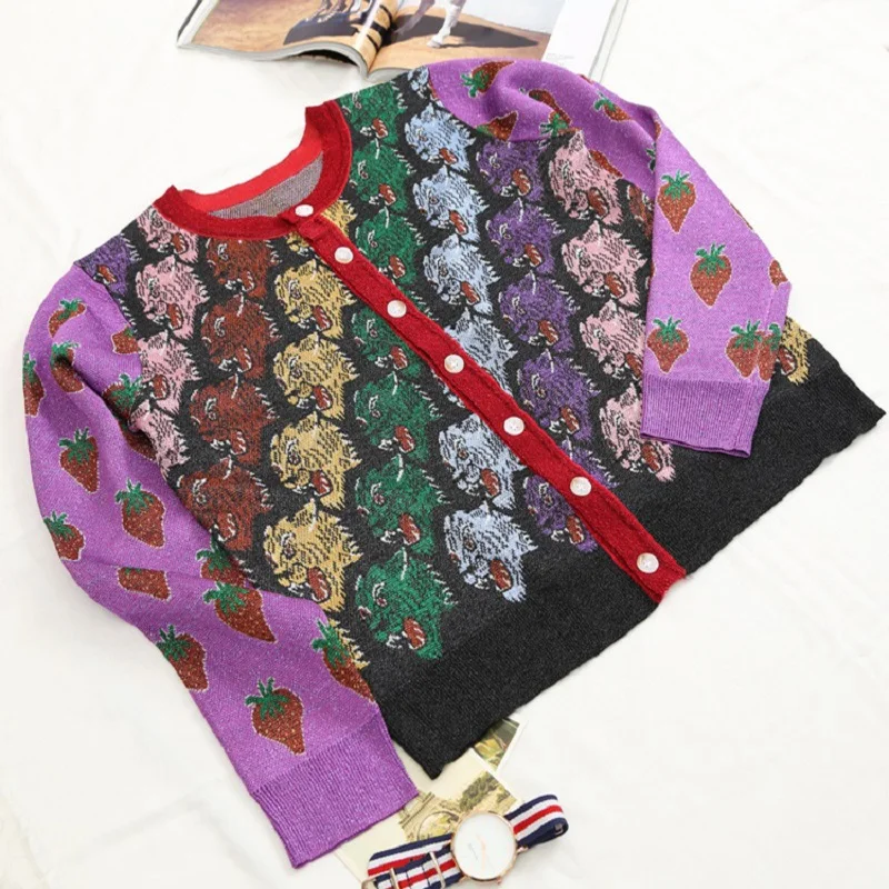 2018 Autumn Winter Luxury Silk Sweater Cardigans Women Runway Designer Tiger Print Long Sleeve Ladies Purple Knit Jumper Clothes |