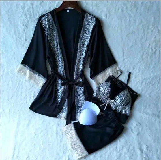 

Fdfklak Spring Summer Sexy Pijama 3 Pieces Silk Pajamas For Women Satin Sleepwear Black/Pink Family Pajama Set Tracksuit Q482