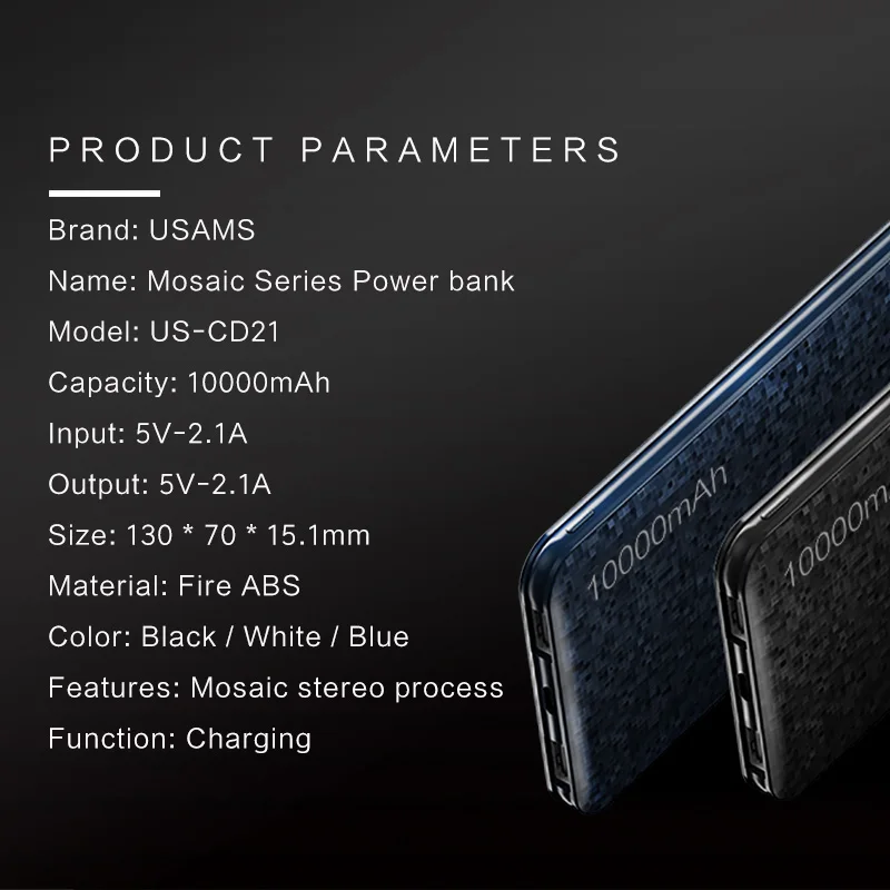 USAMS 10000mAh внешний аккумулятор с двойным выходом USB универсальный 15 мм Ультратонкий