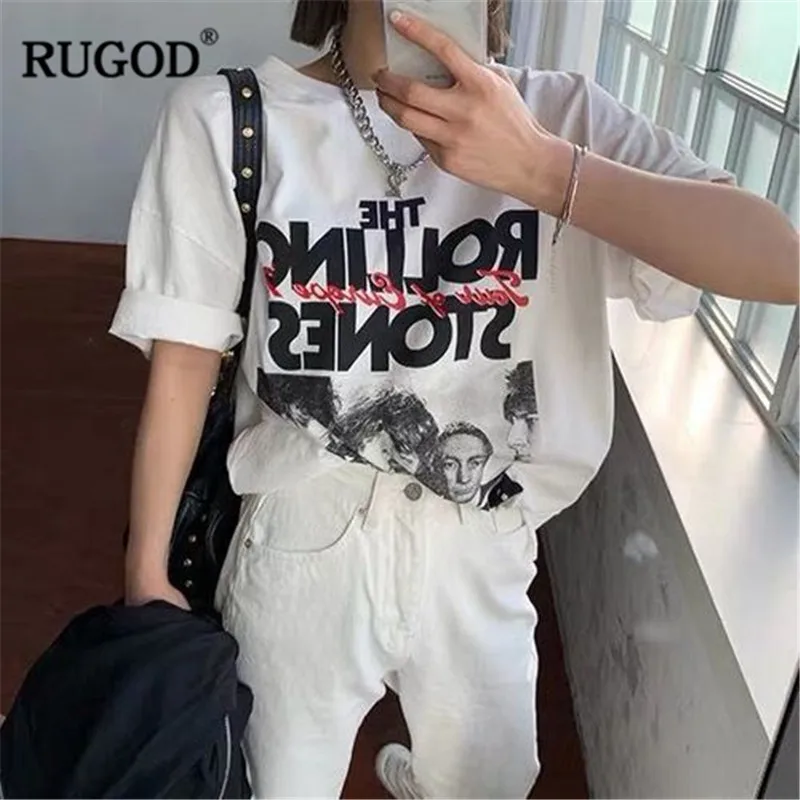 Женская футболка в стиле Харадзюку RUGOD белая свободная уличная с короткими