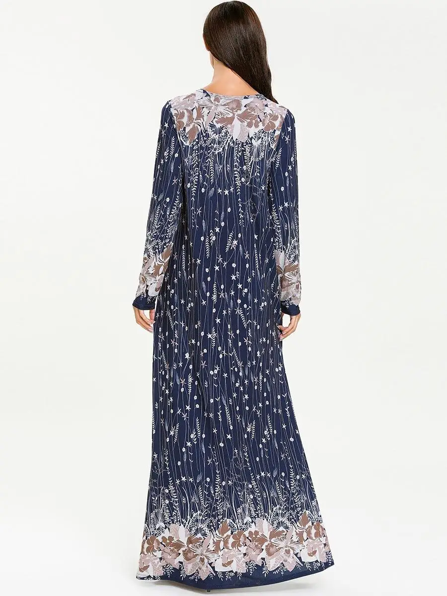 Мусульманское женское платье в этническом стиле с принтом длинные рукава