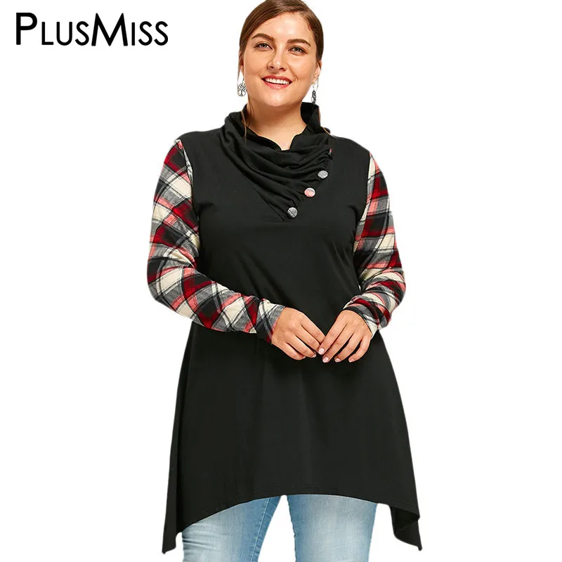 PlusMiss плюс размер 5XL кучи воротник плед панель туника Топ женский длинный рукав