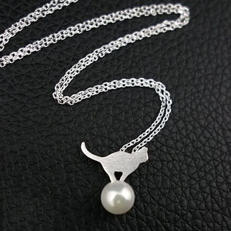 Простой Матовый Котенок Жемчужное Ожерелье 925 Серебряные Ожерелья &amp Подвески